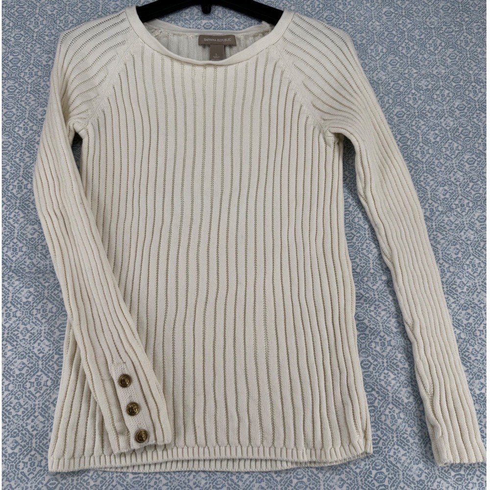 Banana Republic White Ribbed Cotton Sweater Brass Anchor Button Cuff Large